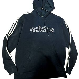 Adidas pullover hoodie in navy blue with three stripes on sleeve logo